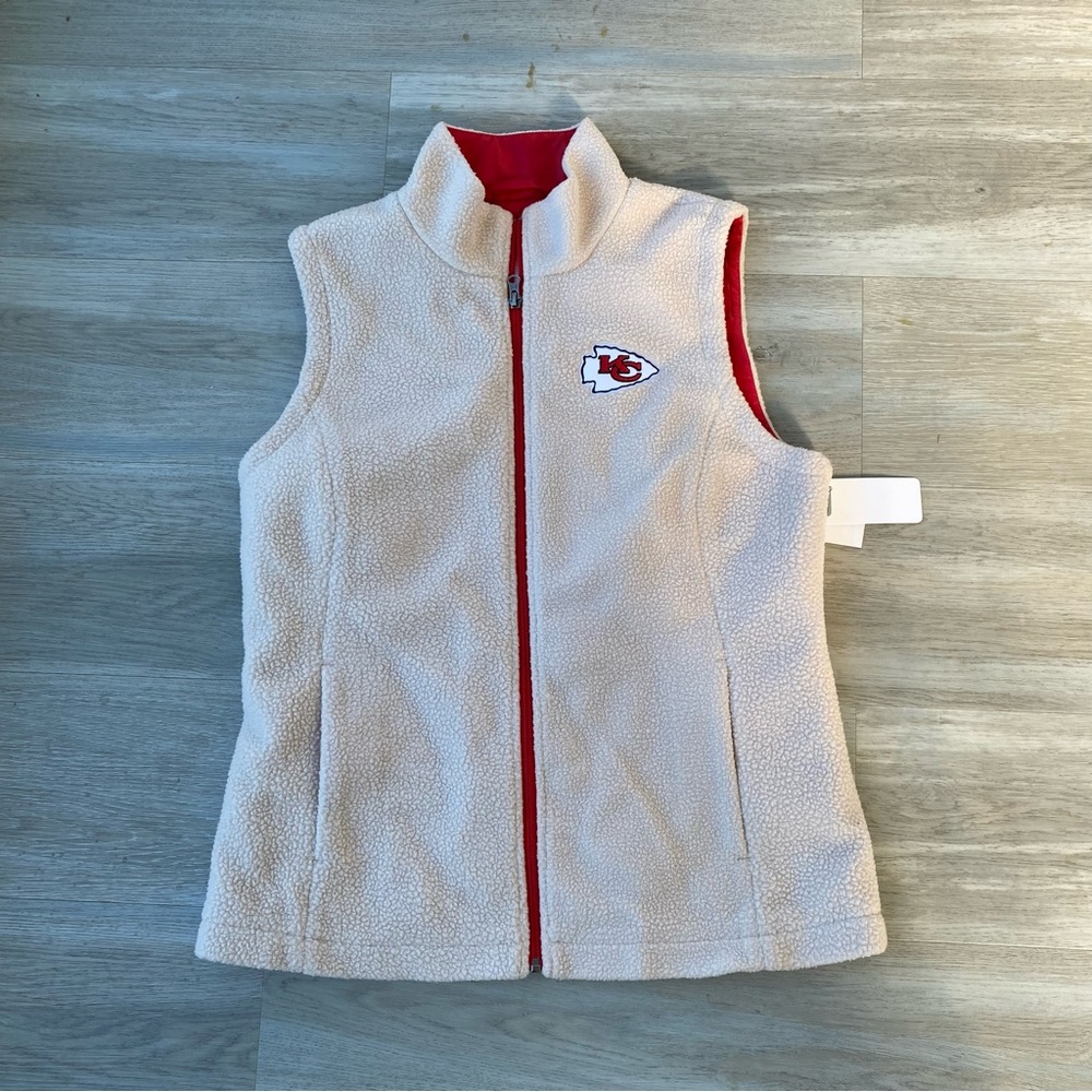 Women's Cream Fleece Vest with Red Trim